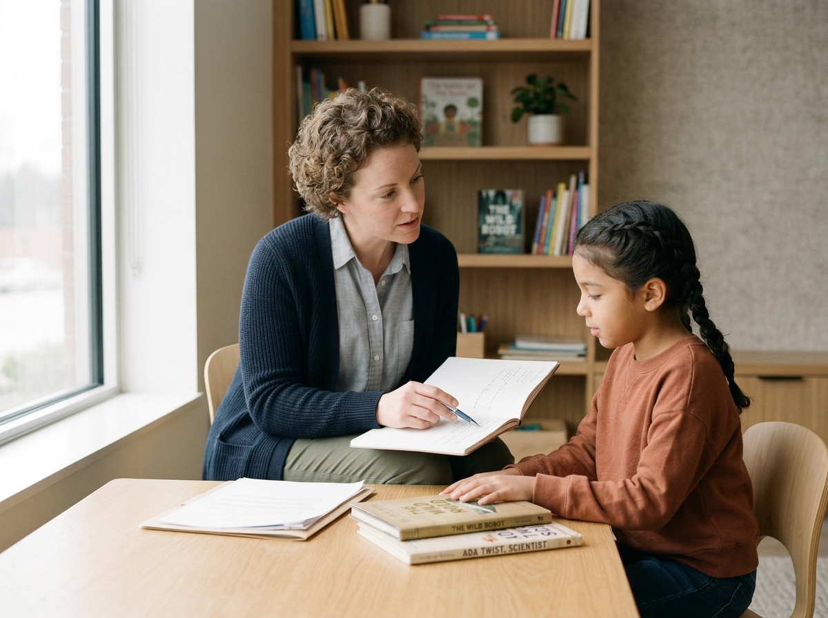 A woman and a girl having a conversation at a desk in a room with bookshelves. The woman is pointing at a notebook, and the girl is listening. There are books and papers on the desk.