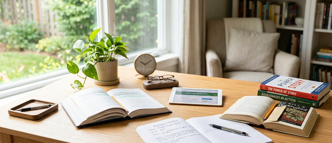A study desk with books, an open tablet, a notebook, glasses, a clock, a potted plant, and a pen, with a window and a bookshelf in the background.