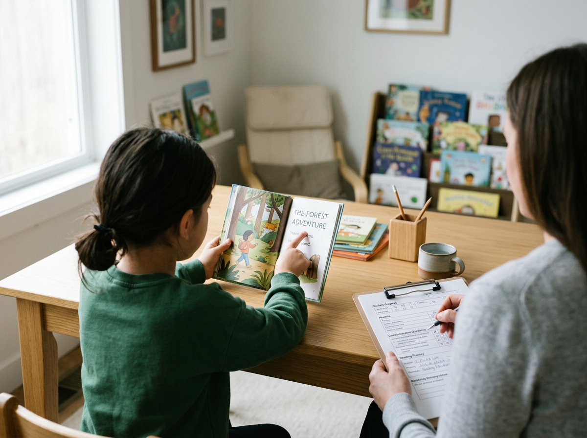 A young girl with dark hair tied in a ponytail reads a children's book titled 'The Forest Adventure' at a wooden table in a cozy room, with a woman sitting across from her holding a clipboard and pen, next to a cup and a container with pencils.