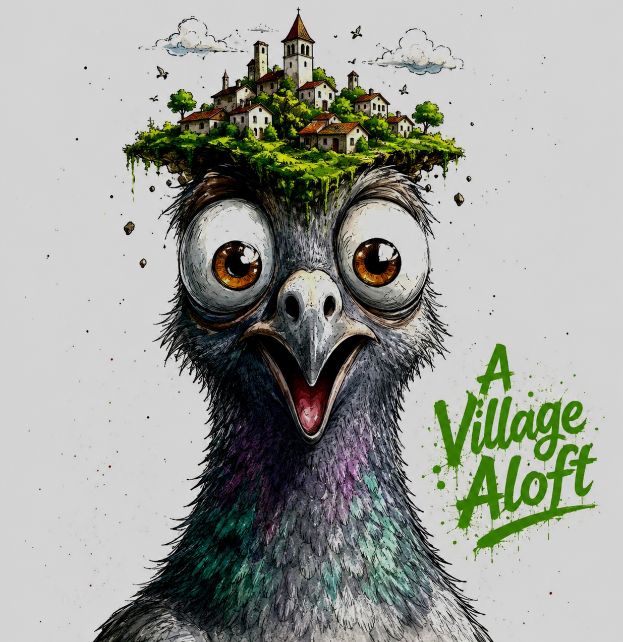 A colorful illustration of a pigeon with a village on its head, featuring houses, trees, and clouds, and the text 'A Village A Loft' in green graffiti style.