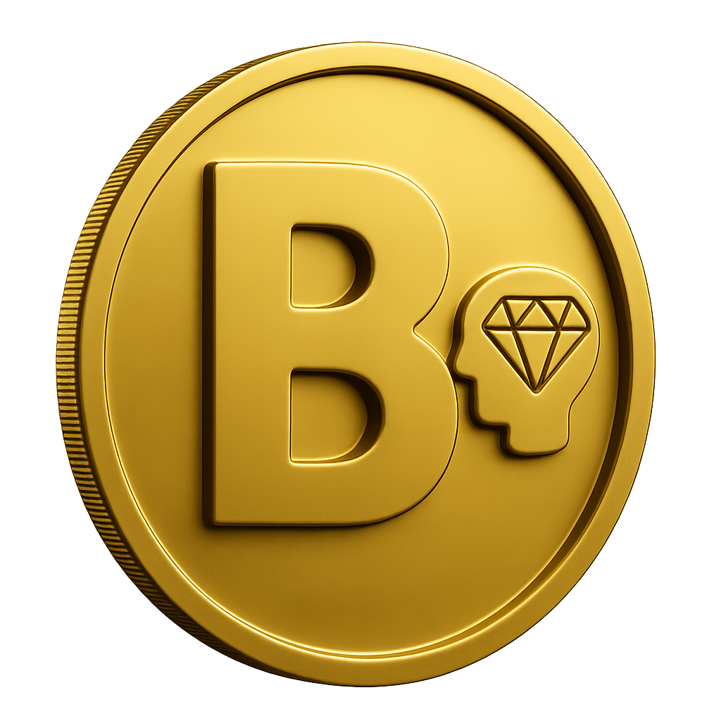 Gold coin with the letter B, a line drawing of a human head with a diamond inside it.