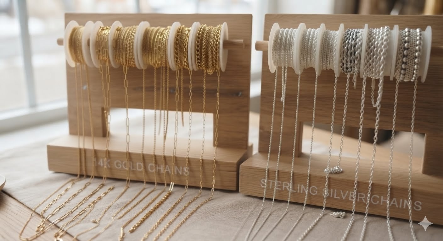 Display of gold and silver chains on wooden racks, organized by material with gold on the left and silver on the right.
