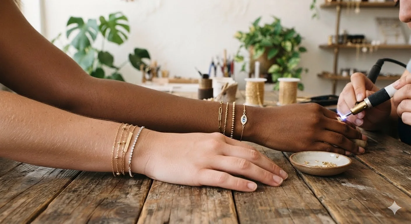 Two people, one with light skin and the other with dark skin, are at a wooden worktable. One person is receiving a jewelry soldering or crafting service, with their hand resting on the table while a second person, partially visible, uses a small torch to work on rings or jewelry.
