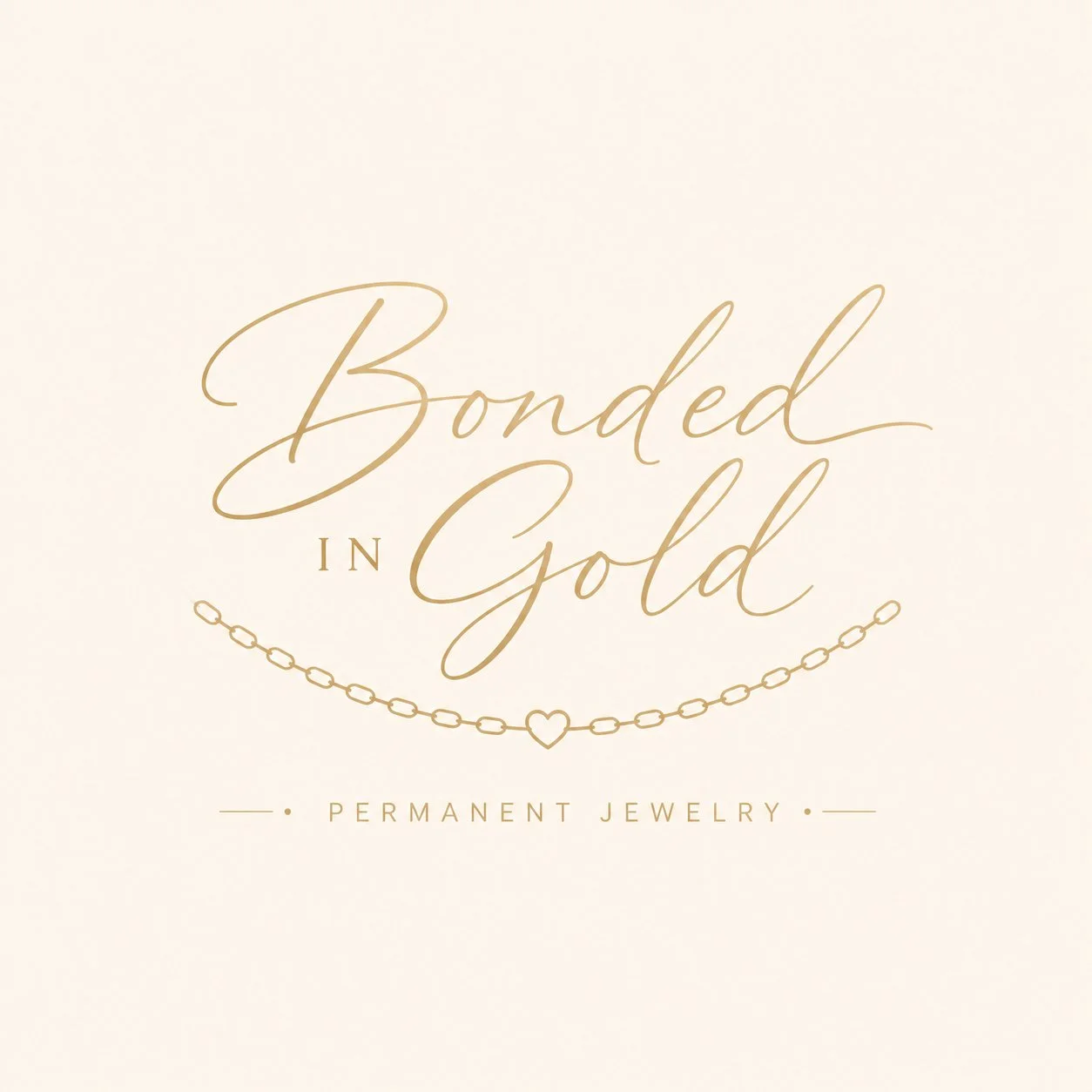 Elegant logo for Bonded in Gold permanent jewelry with gold chain and heart design on a light background.