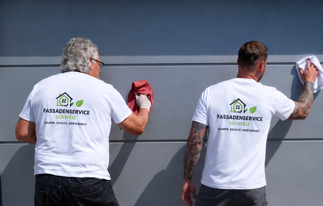 Zwei Handwerker reinigen die Außenfassade eines Gebäudes. Beide tragen weiße T-Shirts mit dem Logo und Text "Fassadenservice Schweiz" und arbeiten mit Tüchern auf der Wand.