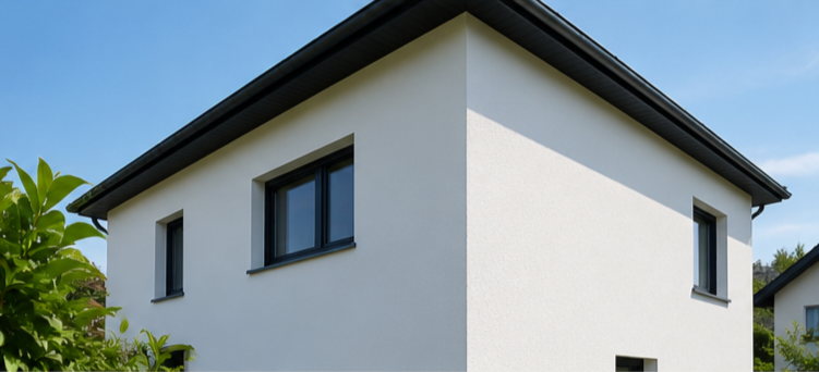 Weiße moderne Hausfassade mit schwarzen Fenstern unter klarem Himmel.