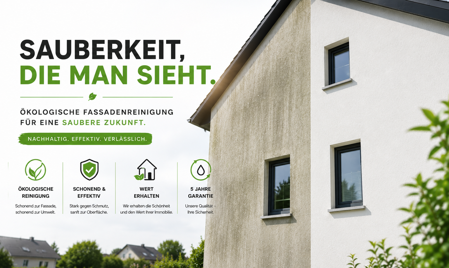 Fassade eines Hauses mit gestreiften Wänden in Beige und Weiß, grüne Bäume im Vordergrund, Text über ökologische Fassadenreinigung und Nachhaltigkeit