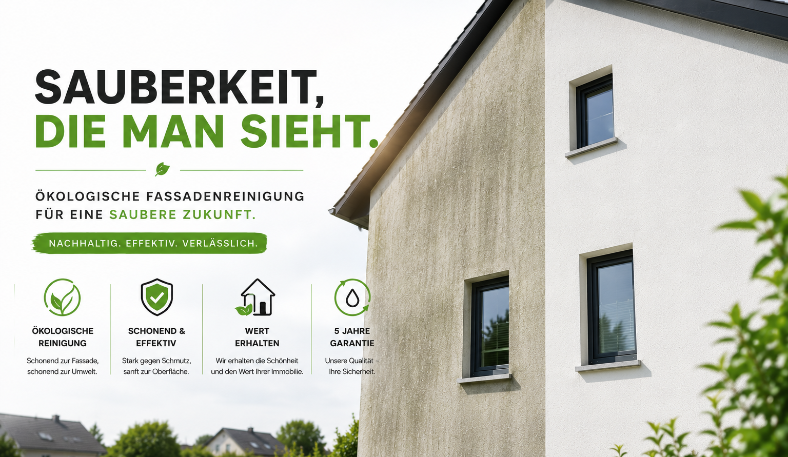 Hausfassade mit weißen und beigefarbigen Flächen, Fenster, grüne Pflanzen im Vordergrund, Text über umweltfreundliche Fassadenreinigung, Symbole für ökologische Reinigung, schonende Wirkung, Wert erhalten, 5 Jahre Garantie.