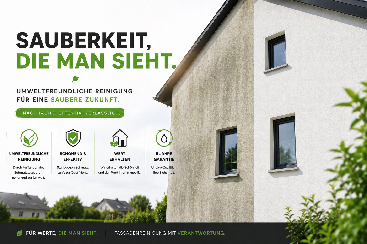 Werbeplakat für umweltfreundliche Fassadenreinigung, zeigt ein modernes Haus mit sauberer weißer Wand und grünem Text, zahlreiche Symbole, die Nachhaltigkeit, Wertschätzung, Garantie und Effizienz darstellen.