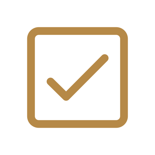 Brown check mark inside a square, symbolizing completion or approval.