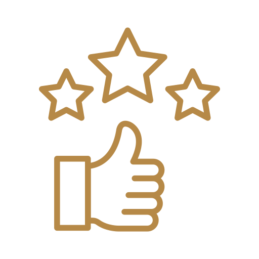 Outline of a thumbs-up sign with three stars above it.