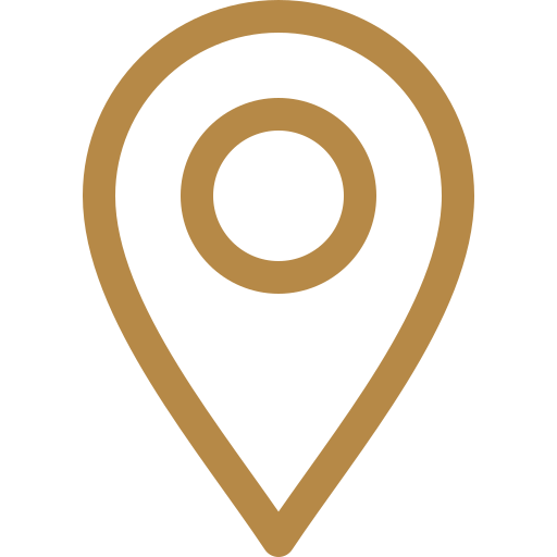 A brown location pin icon on a black background.