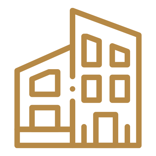 Outline of two modern multi-story office buildings in brown on a black background.