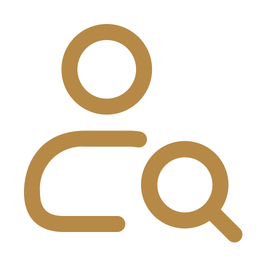 Icon of a person with a magnifying glass, representing search or research.
