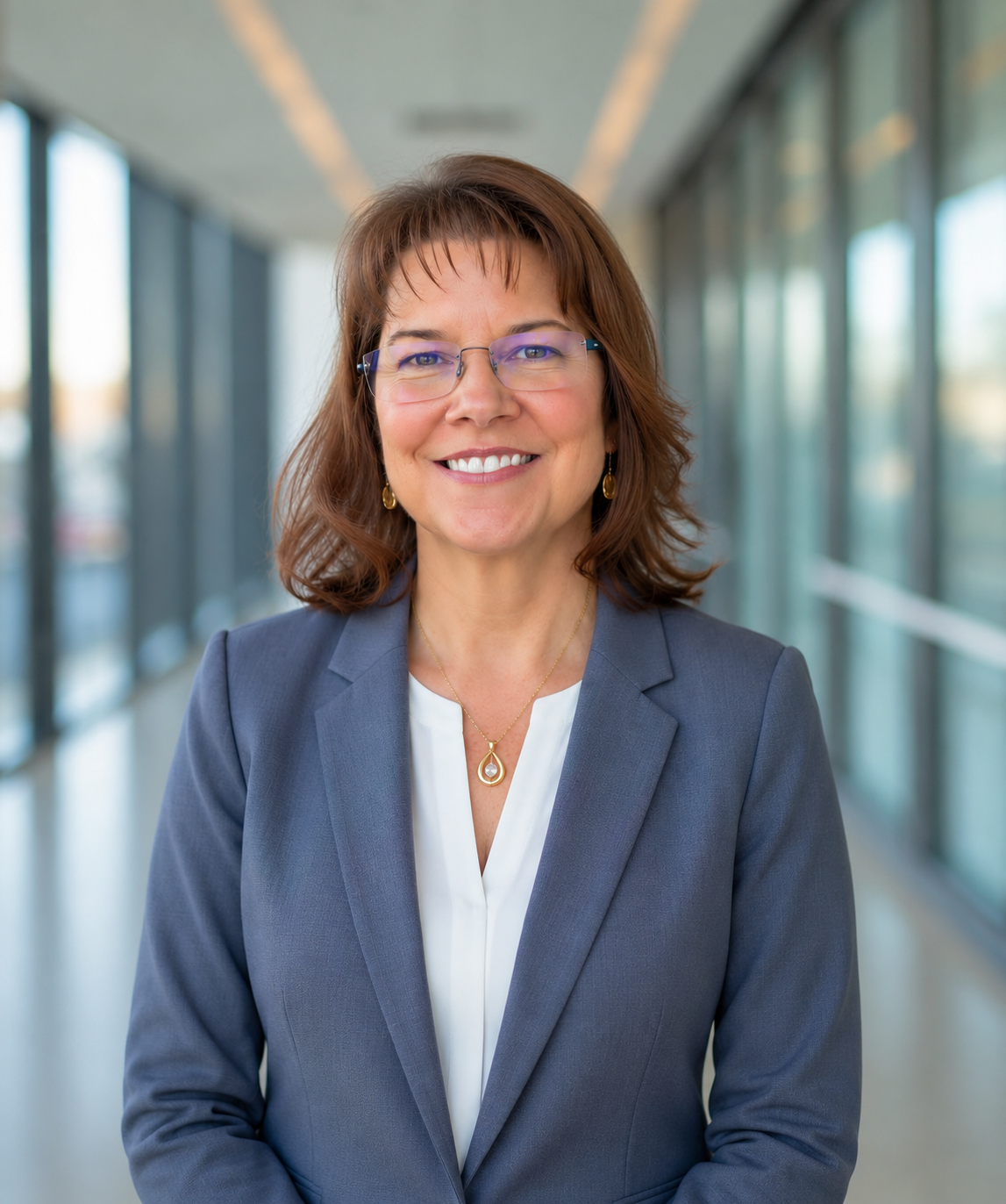 A professional woman with shoulder-length brown hair, wearing glasses, a blue blazer, and a white blouse, standing in a modern glass corridor.