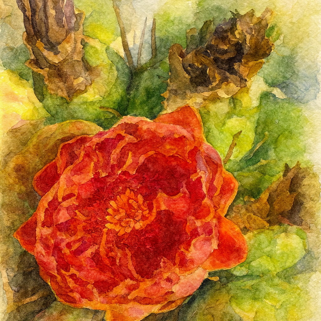 Watercolor painting of a vibrant orange and red flower with green leaves surrounding it.