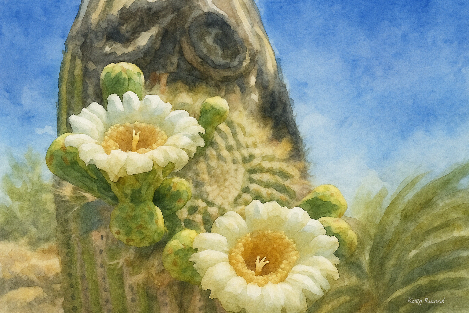 Watercolor painting of a cactus with white, yellow-centered flowers blooming, set against a blue sky.