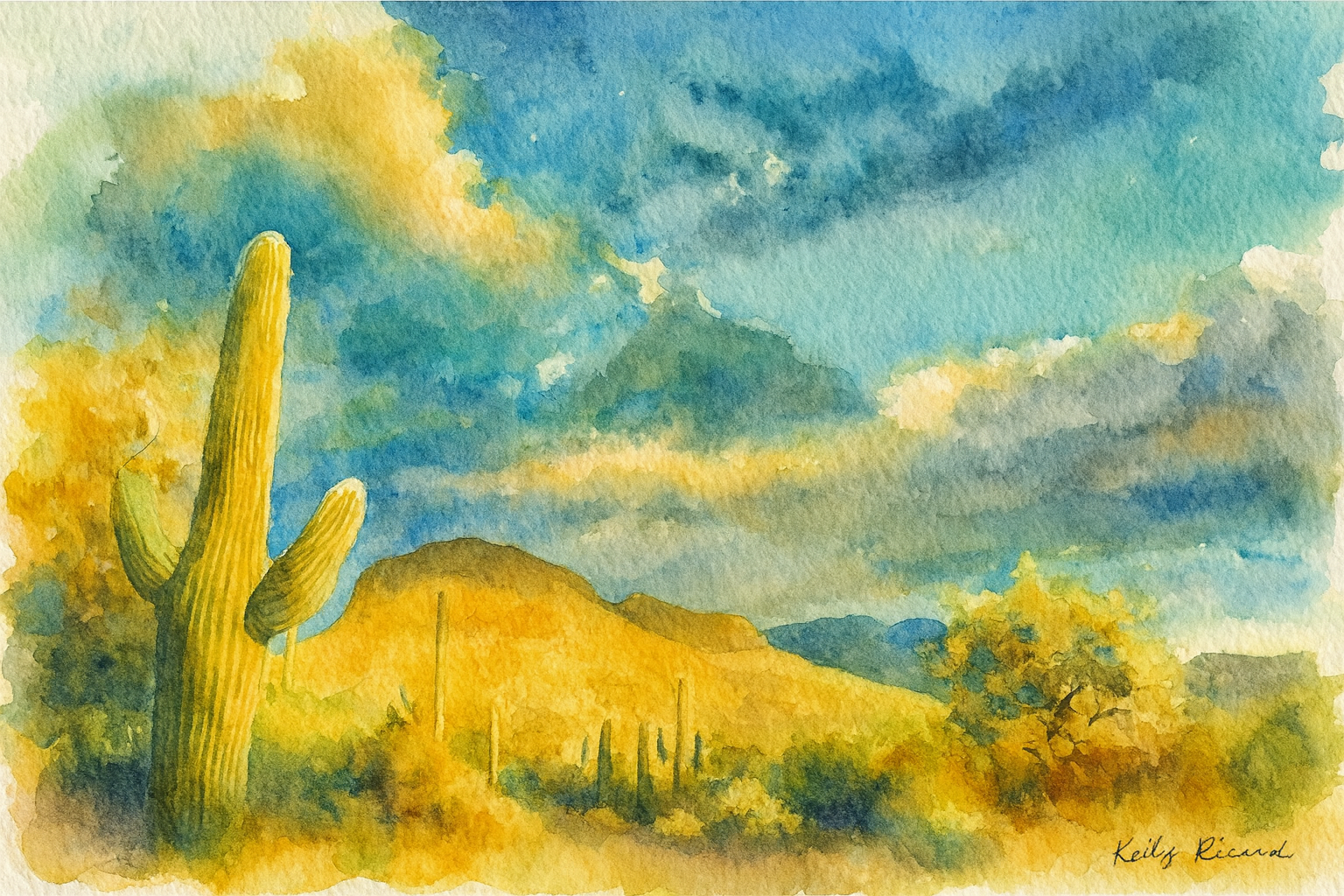 Watercolor painting of a desert landscape with a tall saguaro cactus on the left, yellow and brown shrubs, and mountains in the background under a partly cloudy sky with shades of blue, yellow, and gray.