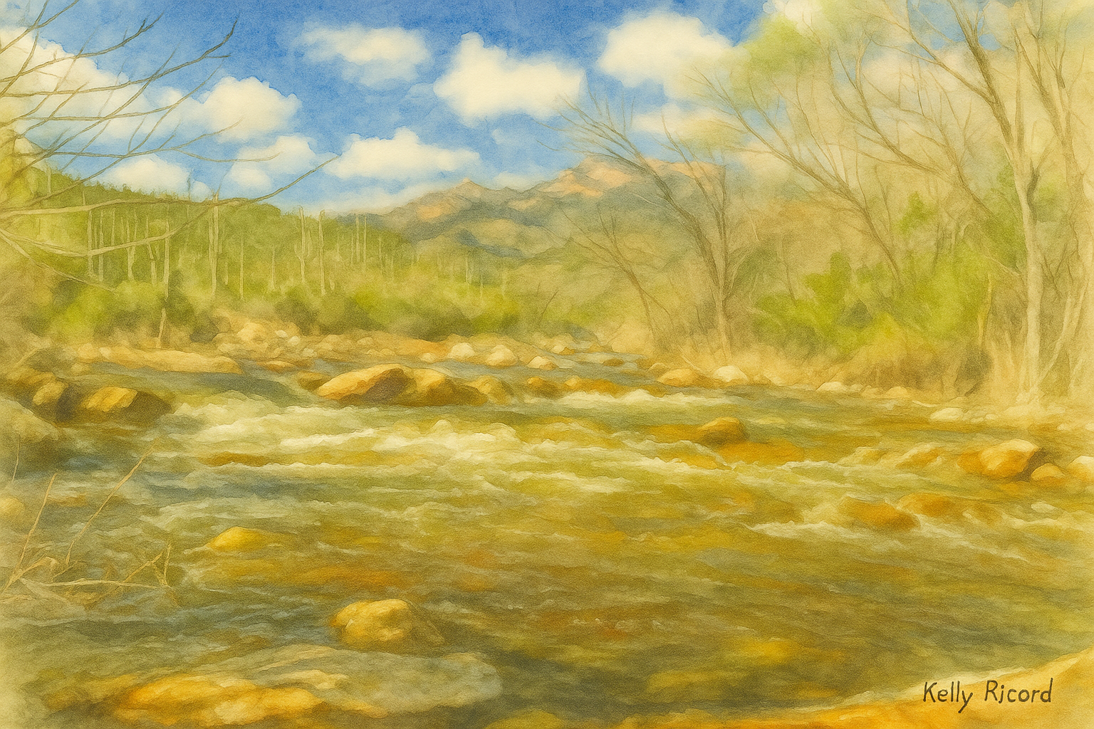 A watercolor painting of a river flowing through a mountainous landscape. The river has rocks and gentle ripples, surrounded by trees with budding or sparse leaves, and mountains in the background under a partly cloudy sky.