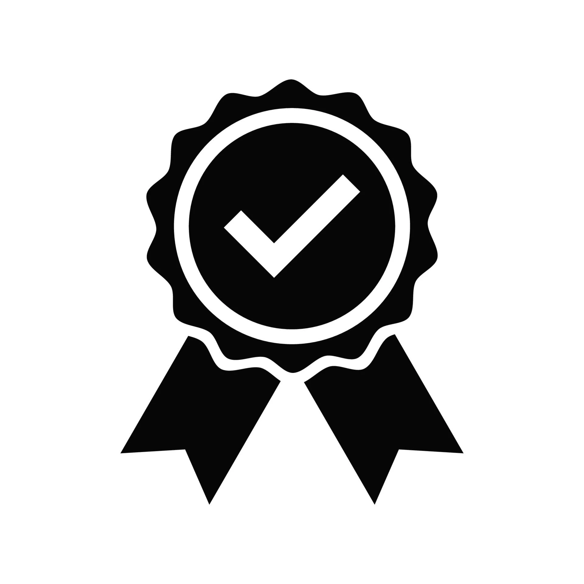 Black and white icon of a hand holding a medal with a checkmark, indicating achievement or certification.