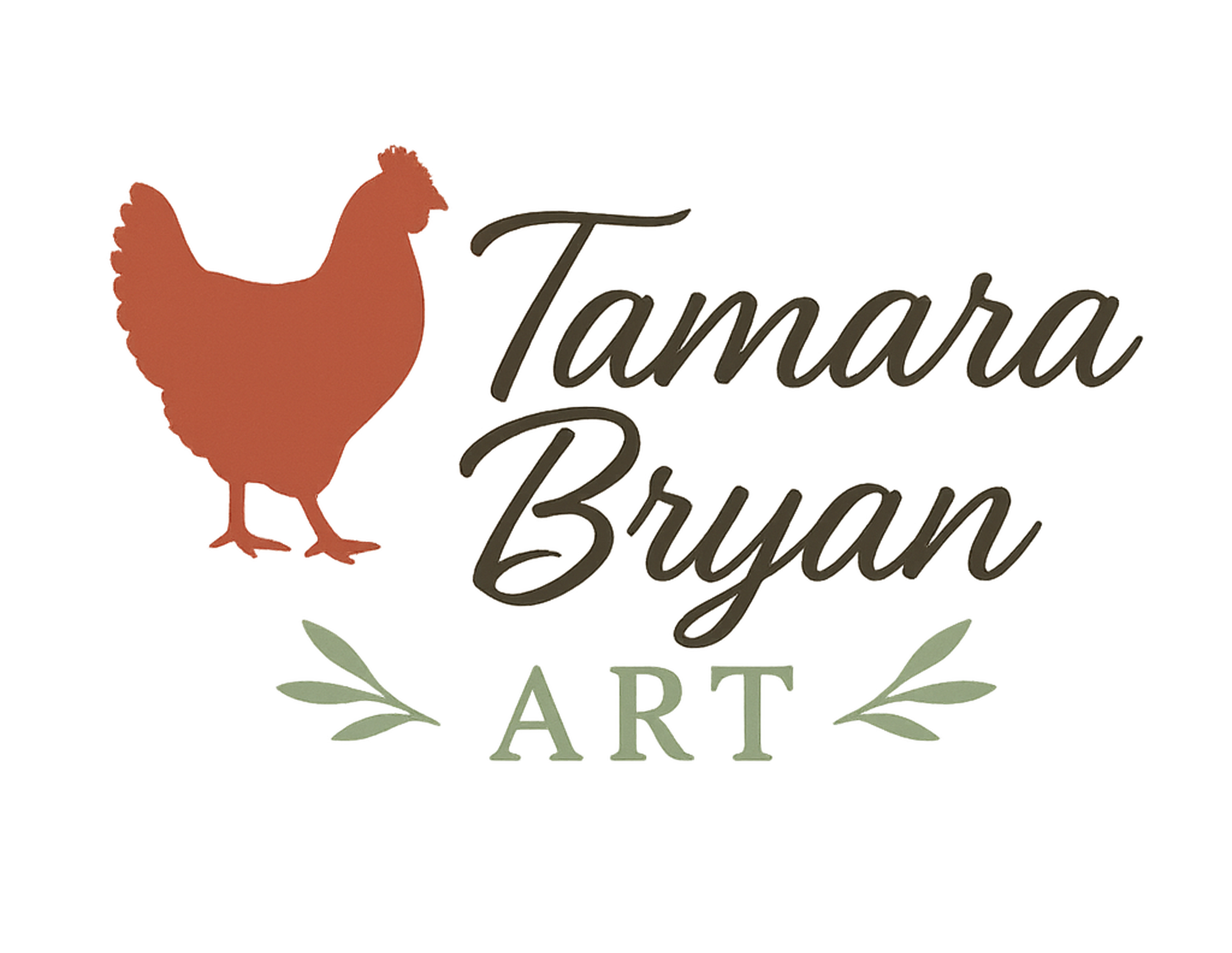 A logo with a silhouette of a chicken and the words 'Tamara's Bird Art' in script font, decorated with leaf accents.