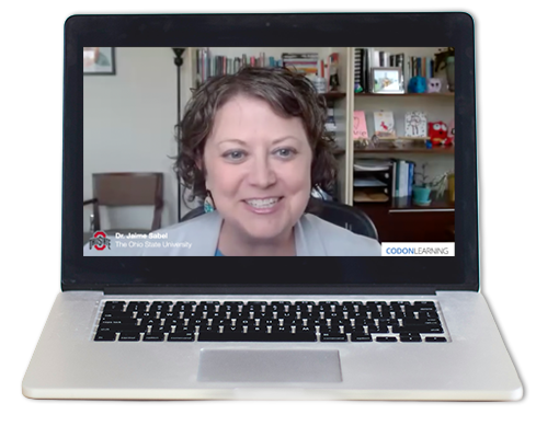 Image of Dr. Jaime Sabel, The Ohio State University, on the screen of a laptop