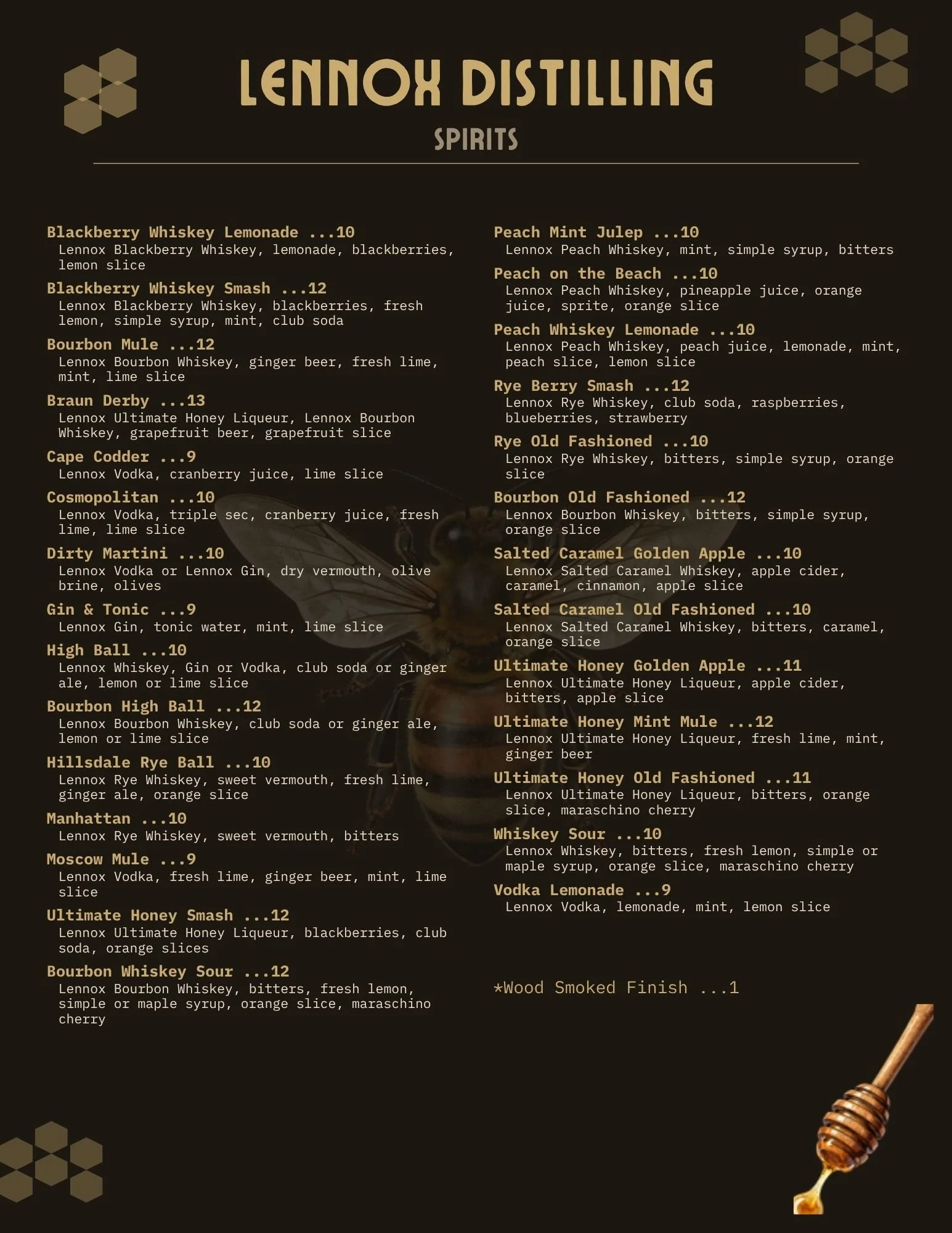 A menu list of spirits from Lennox Distilling, including various whiskey, vodka, and liqueur options with descriptions and prices.
