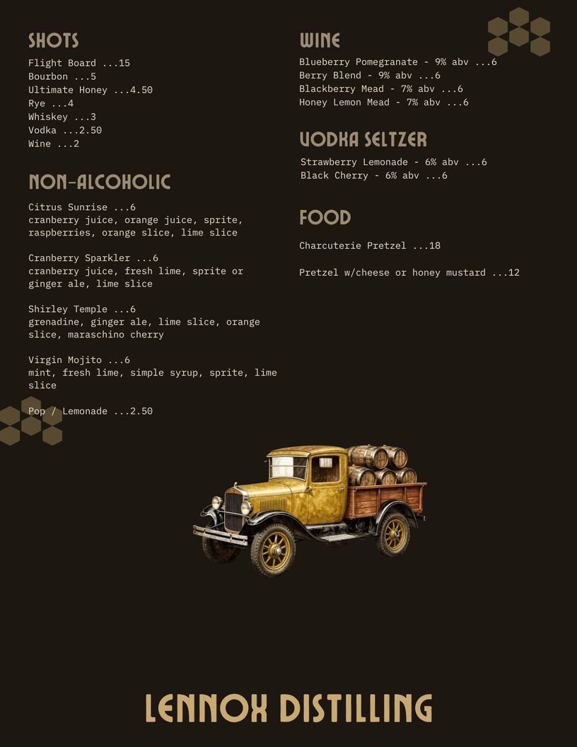 Menu from Lennox Distilling with sections for shots, non-alcoholic drinks, wine, vodka seltzer, food, and a vintage truck illustration at the bottom.