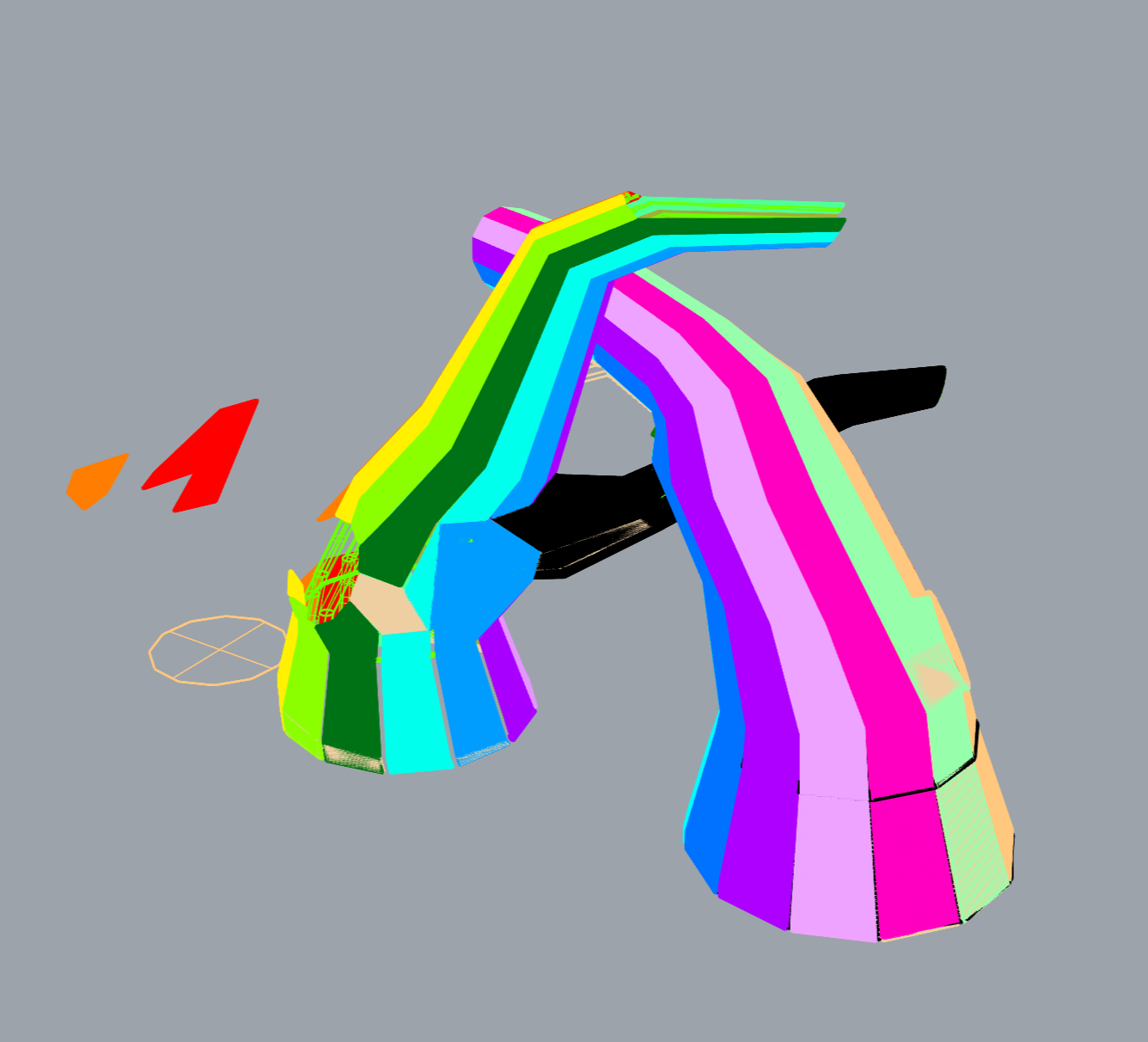 A 3D digital model of a rainbow-colored shark sculpture on a gray background.