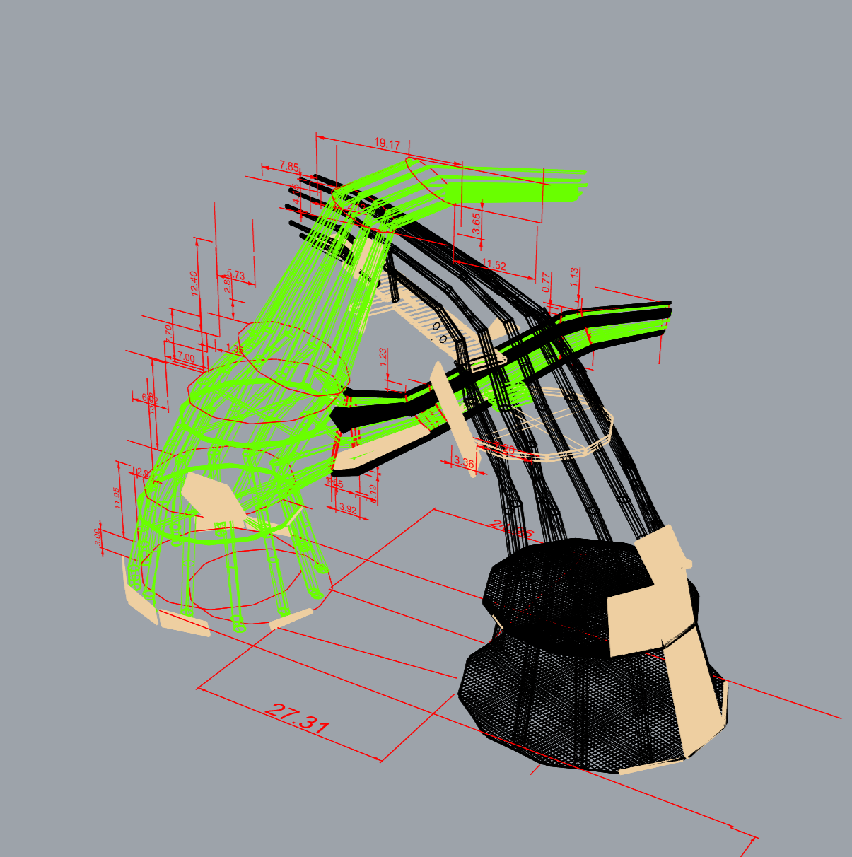 3D model of a curved roller coaster track with measurement annotations in red and green, displayed against a gray background.
