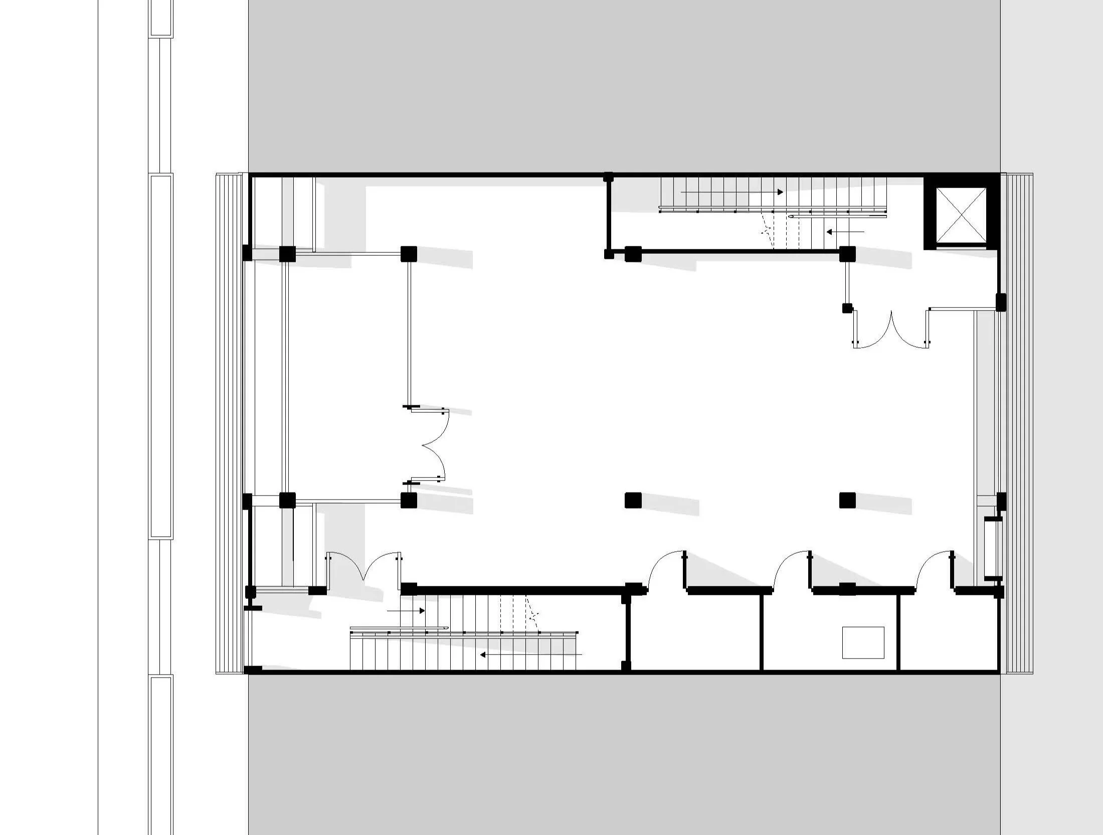 Floor plan of a building showing rooms, doors, windows, stairs, and architectural details.