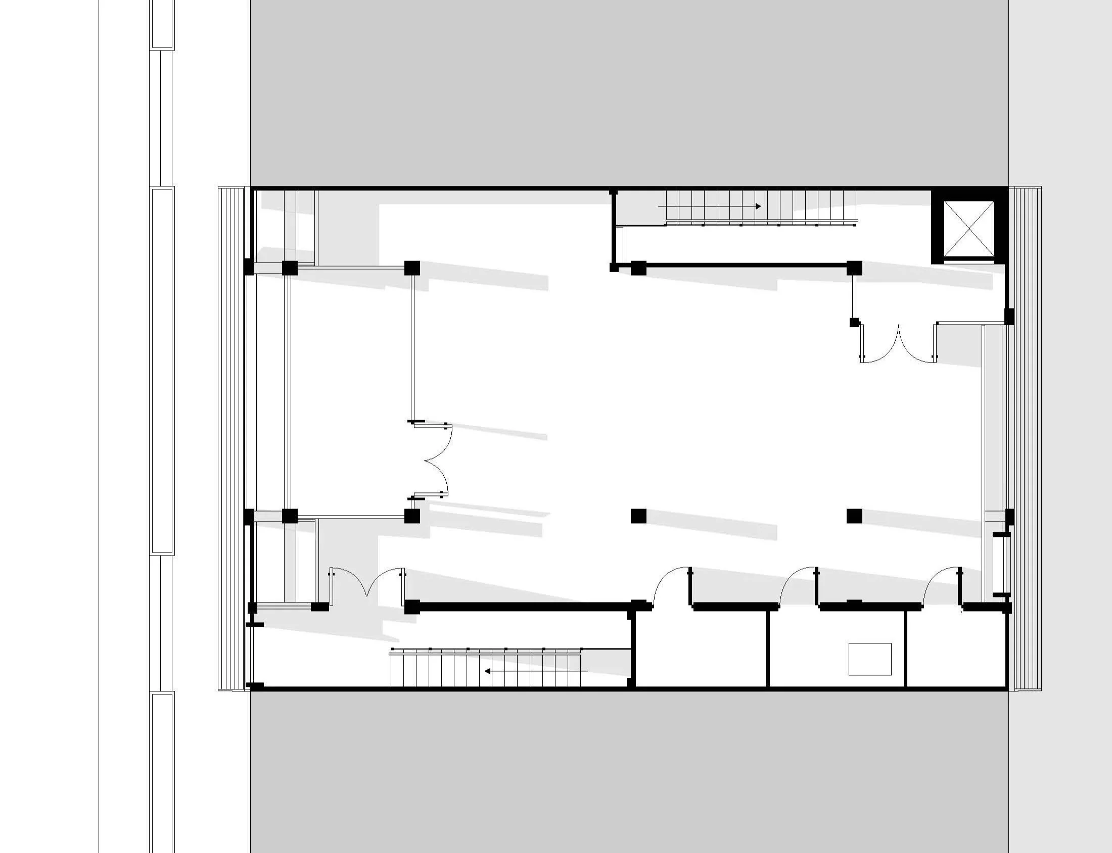 Architectural blueprint or floor plan of a building showing rooms, doors, and structural details.