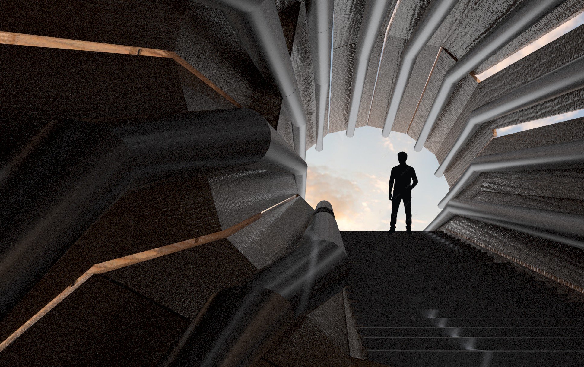 A silhouetted man standing at the top of a staircase, viewed from below, with a skylight casting light through a ceiling of layered, linear wooden beams.