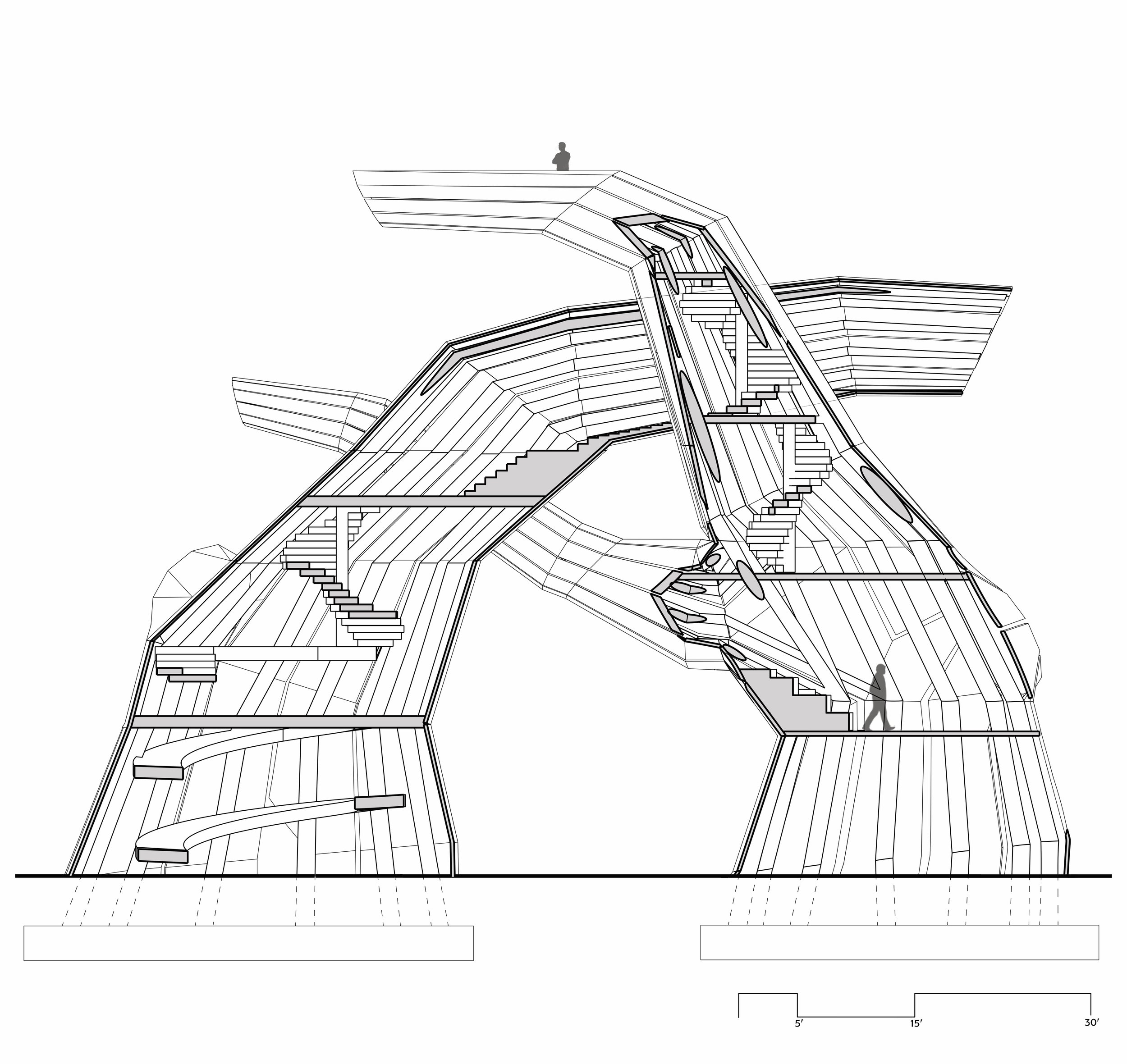 Architectural blueprint or drawing of a modern, multi-level structure with stairs, walkways, and a person standing on one of the upper levels.