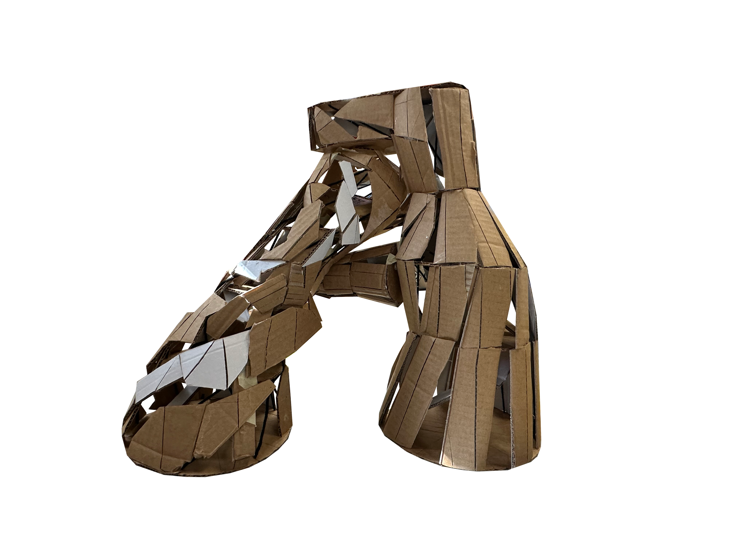 A sculpture of a dog made from folded cardboard boxes, facing to the right.