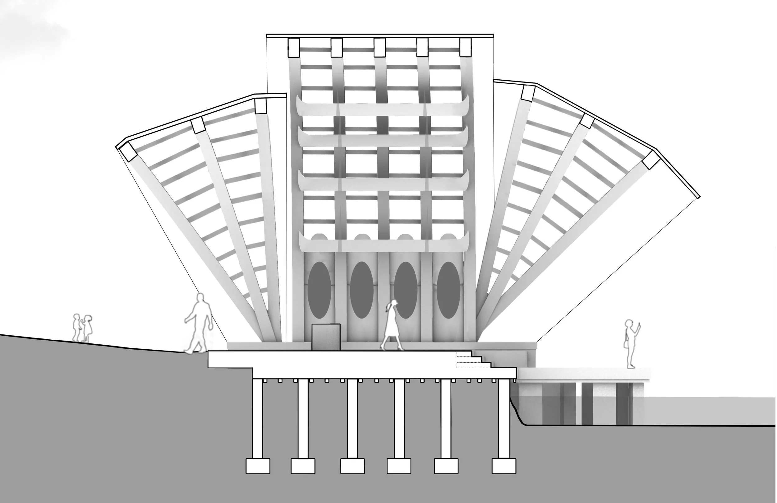 Architectural drawing of a modern building with vertical and horizontal structural elements and a stepped stone foundation. Several people are shown walking near the building.