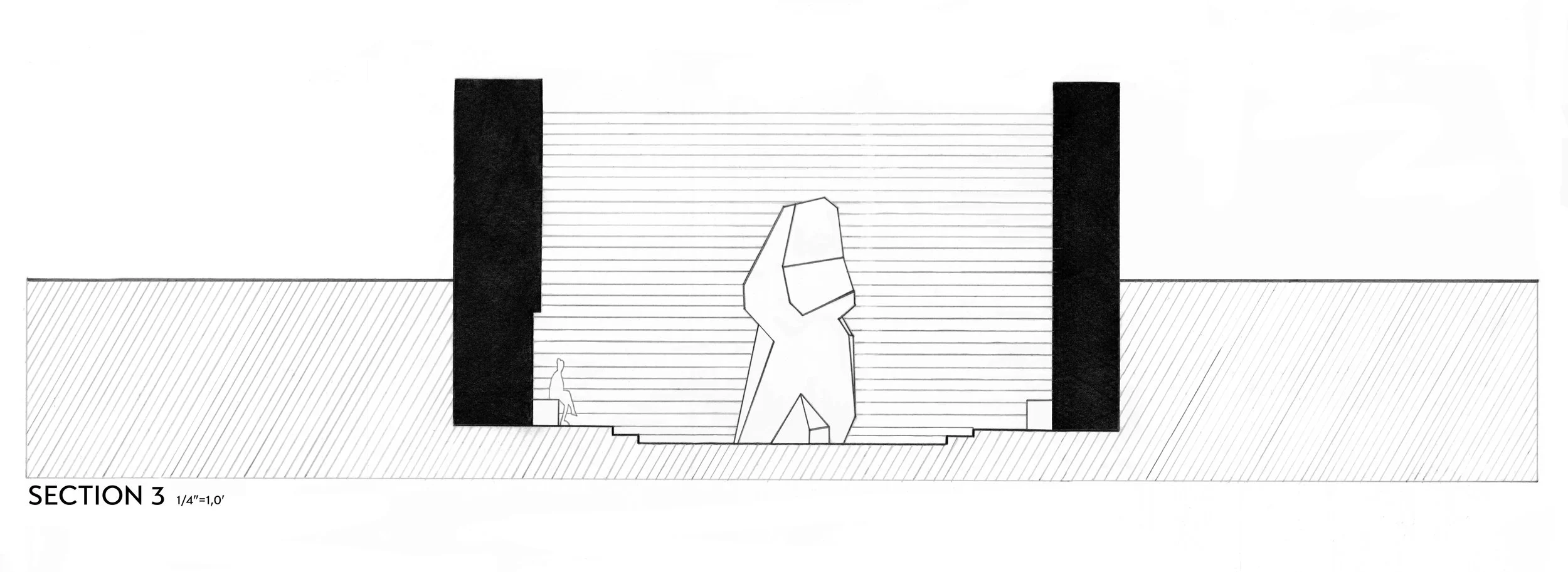 Architectural section drawing of a building with a large central irregular structure, flanked by two tall dark walls, and a small human figure for scale.