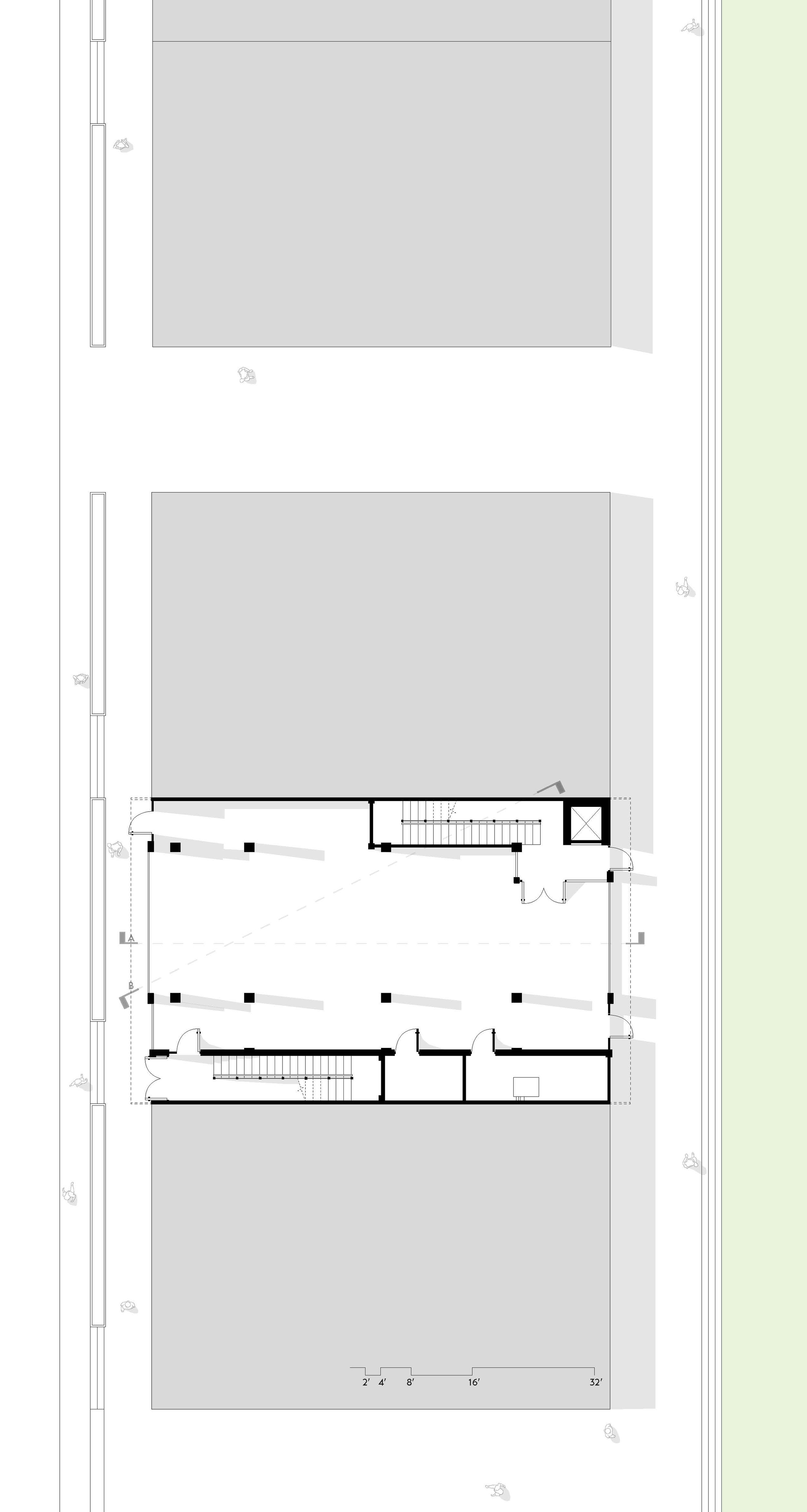 Architectural floor plan of a building with multiple rooms, stairs, and open areas, including an outdoor layout with trees along the perimeter.