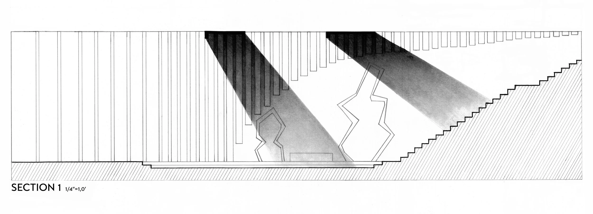 Architectural section drawing labeled 'Section 1,' illustrating a building's interior with staircases, open space, and shading.