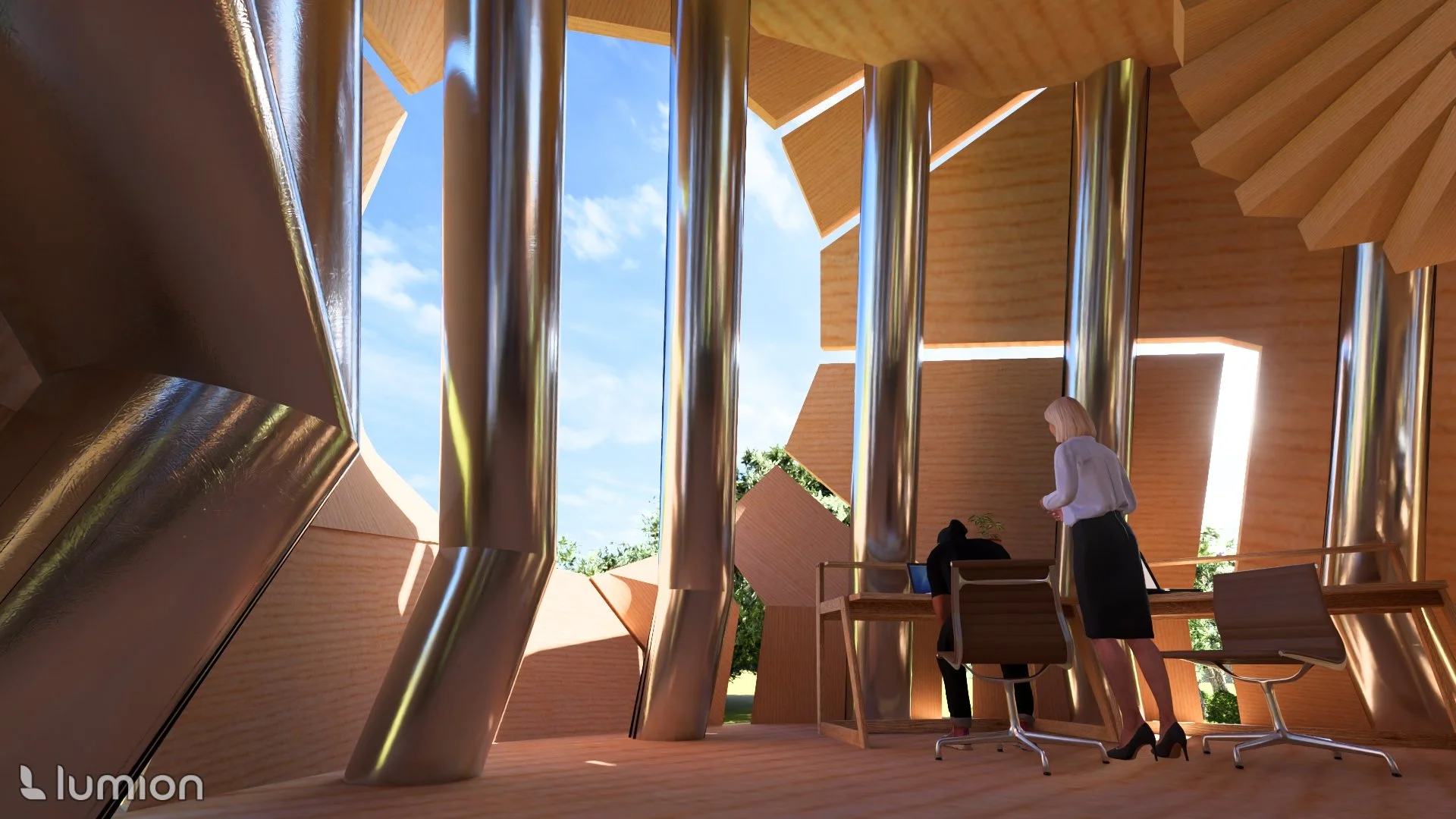 Interior view of a modern building with wooden walls and large, angled windows. There are metallic support beams and a spiral staircase. Two women are inside, one sitting at a table working on a laptop, and the other standing and leaning slightly tow