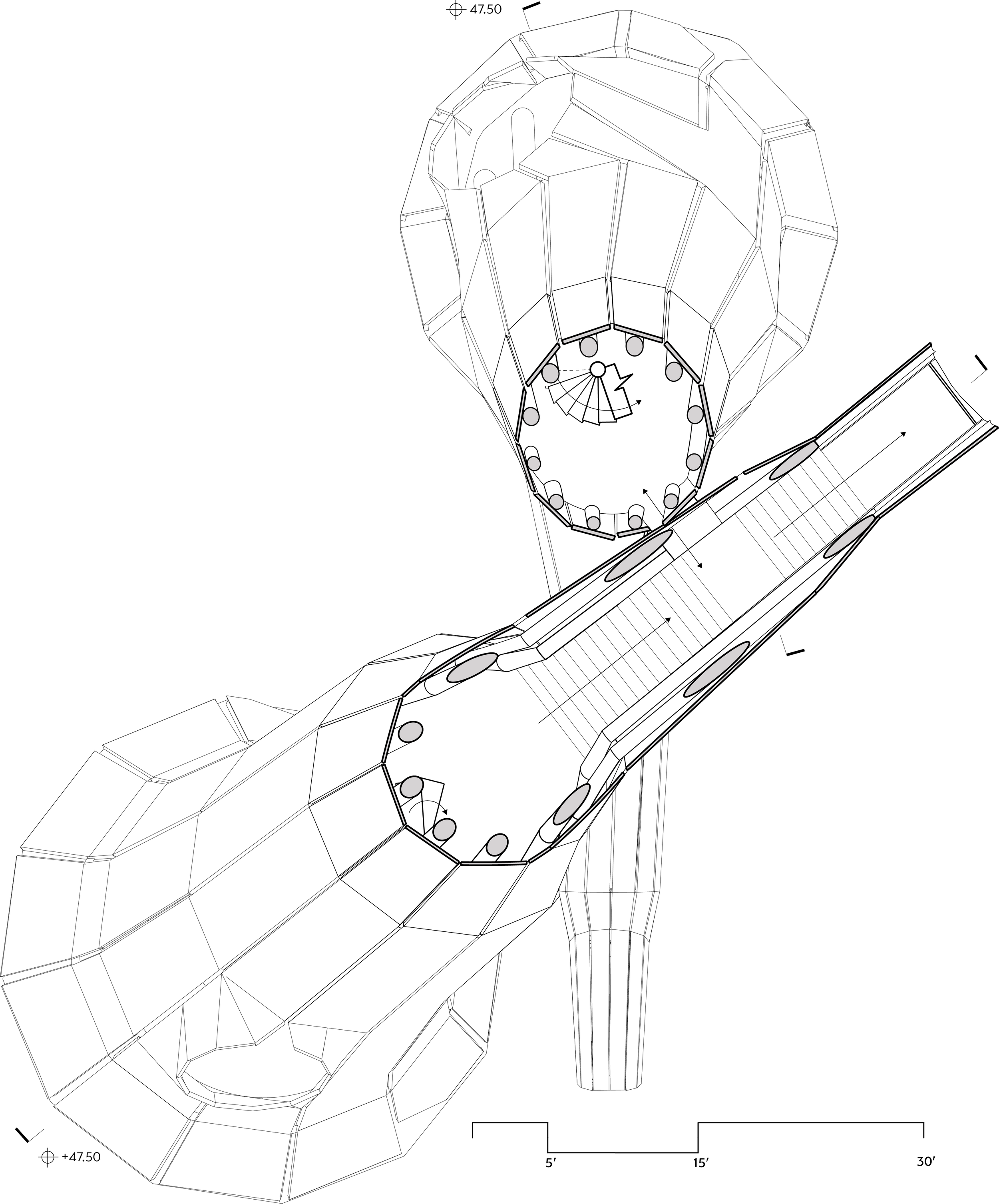 A detailed architectural drawing of a futuristic building with a spiral staircase, curved glass walls, and an enclosed observation or lounge area at the top.