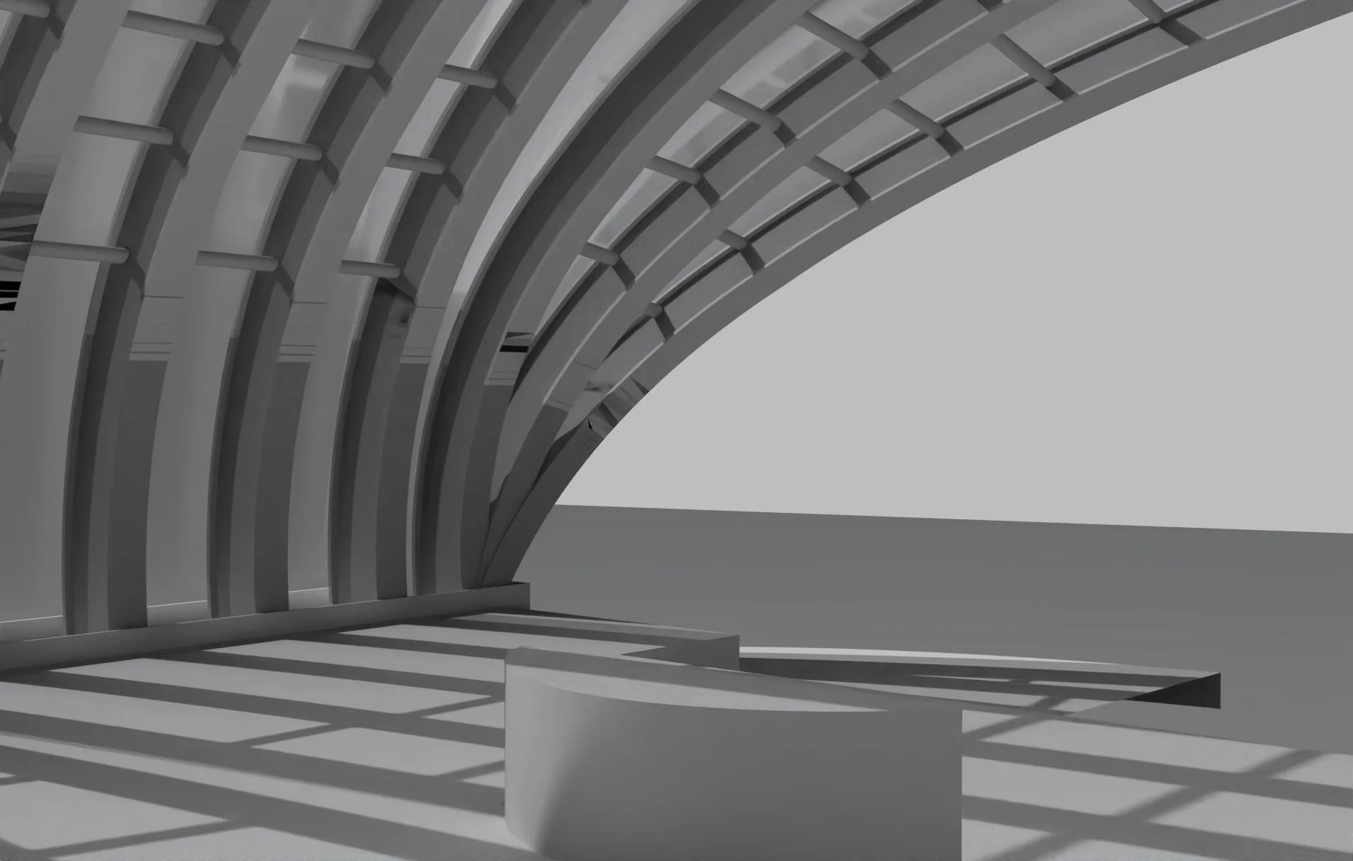 A modern architectural structure featuring curved, overlapping metal beams creating a semi-arched shape, with cast shadows on a flat surface.