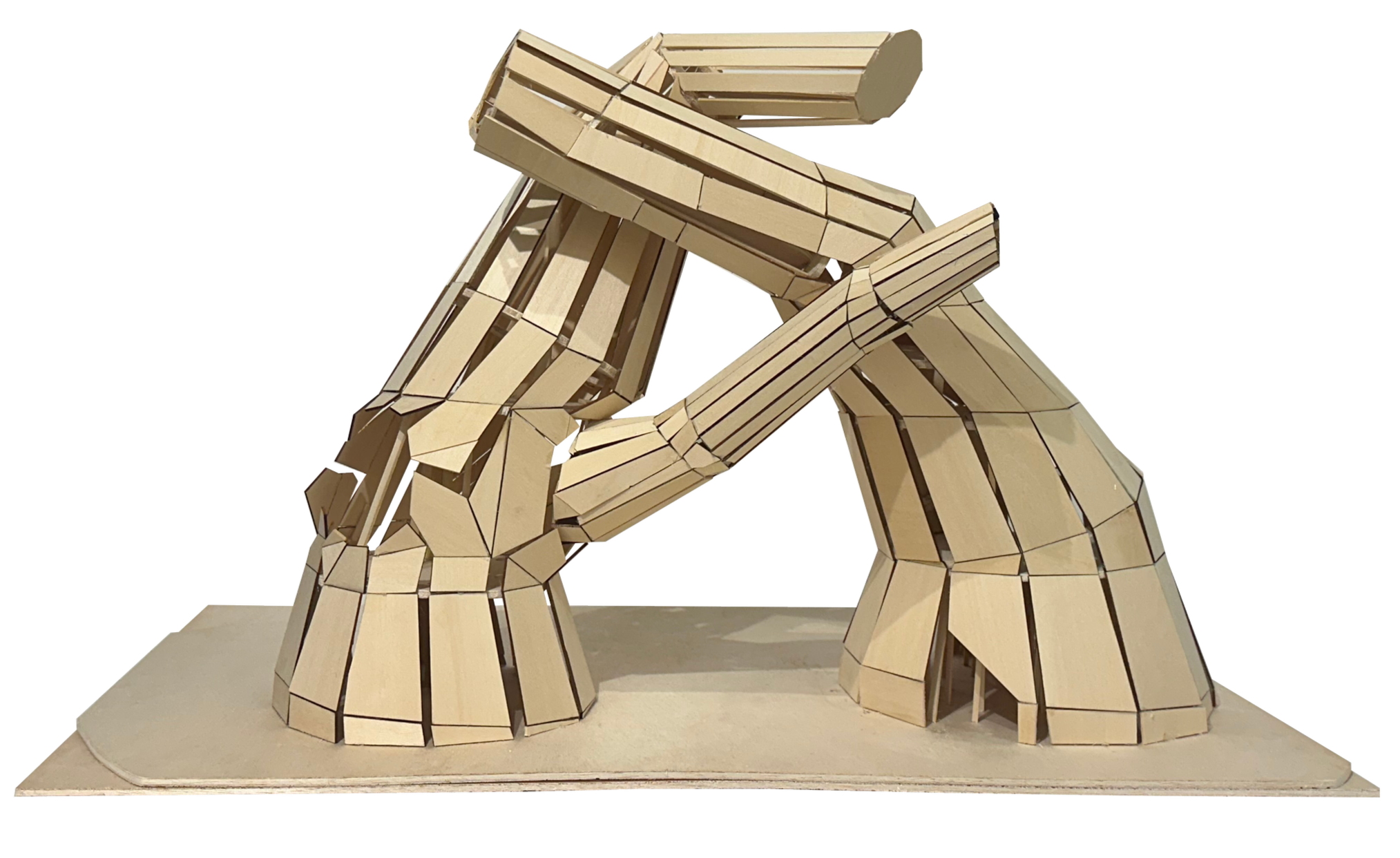 A wooden sculpture of a dog sitting on a carved base.