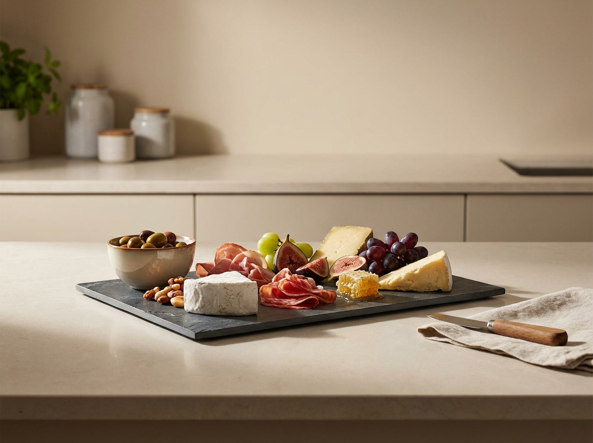 Cheese, grapes, figs, olives, nuts, and cured meat arranged on a black slate serving board on a light-colored kitchen countertop.