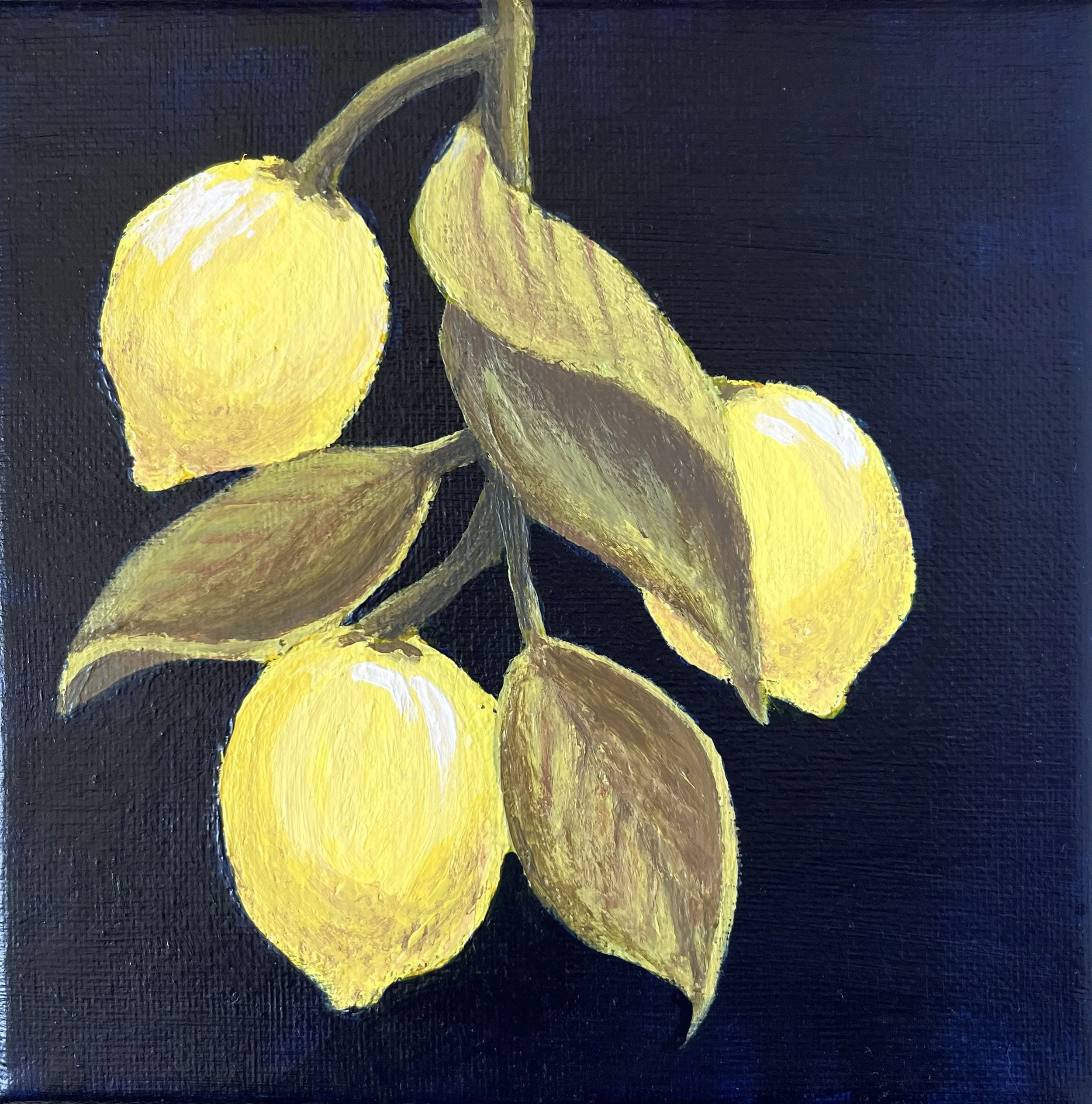 Original lemon acrylic painting on a 6 × 6 × 0.5 inches canvas. Features vibrant yellow lemons on a rich, dark blue background. Perfect mini fruit still life art for Mediterranean kitchen decor, dining room styling, or shelf displays. 