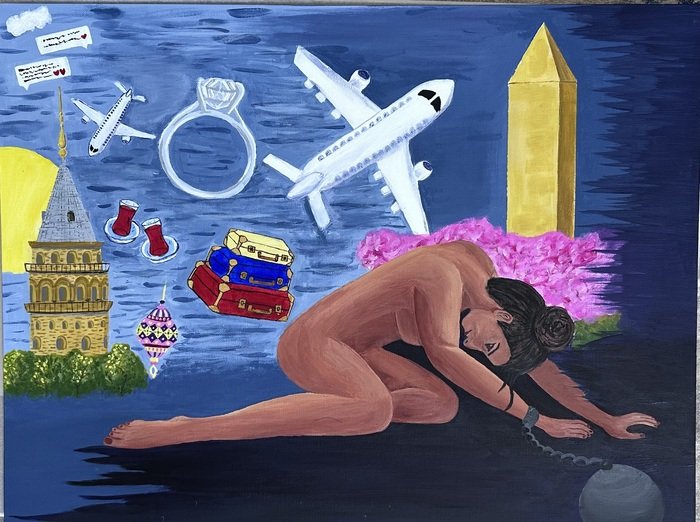 Self portrait series: The Sum of Me. Piece 2 of 5 
I met my husband on a dating website. He is from NY & I was still back in Iran. We traveled to Istanbul to meet a few times. On one trip he proposed & after a long immigration process, I moved to DC.