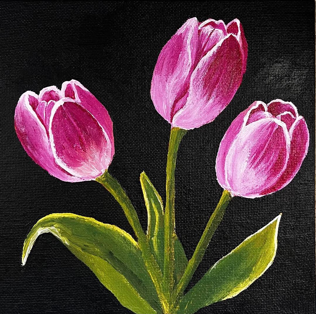 Rising Pink Spires: Original Tulip Acrylic Painting 6 × 6 inches