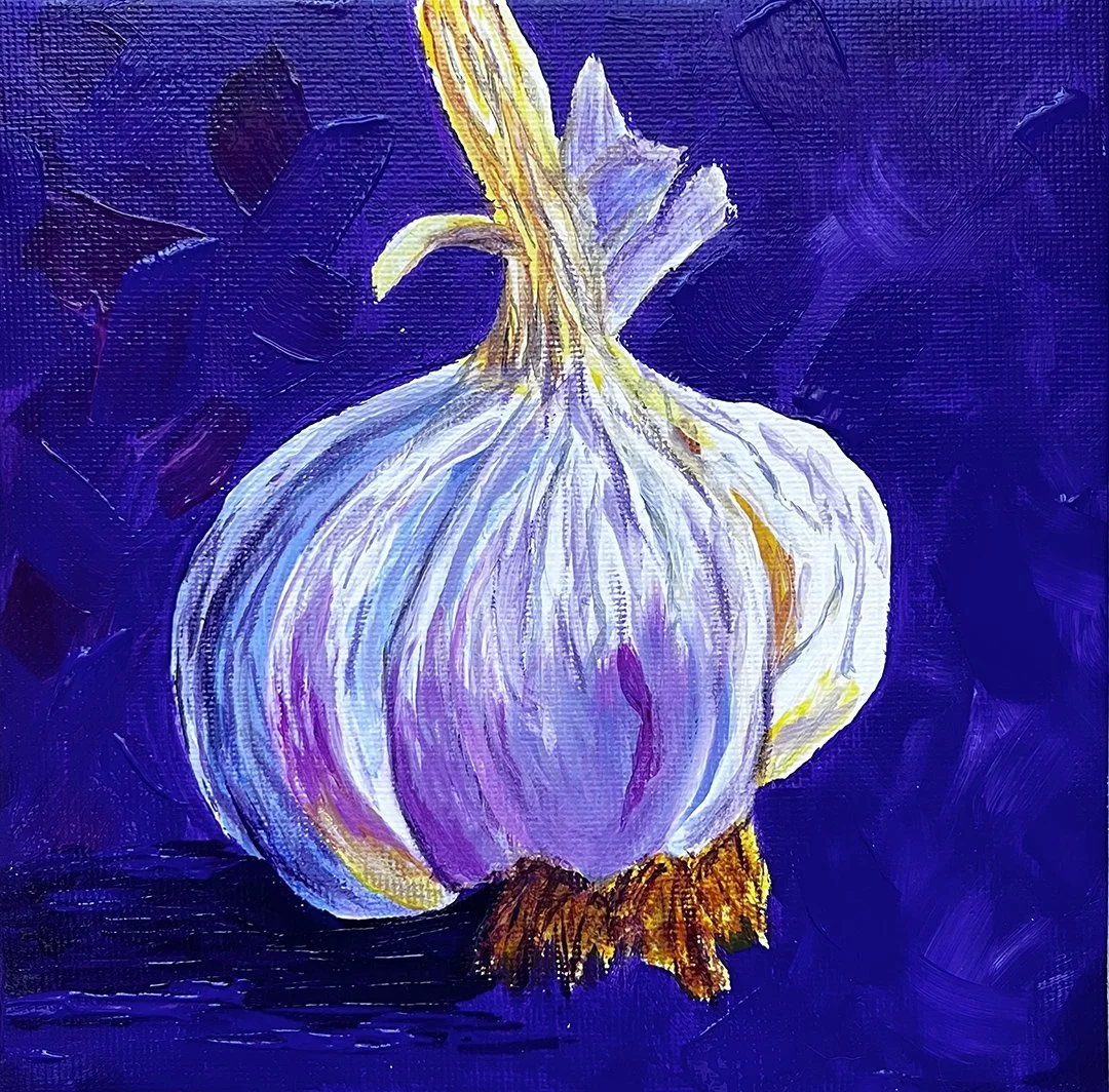 A 6x6 inches original acrylic painting of a single whole white garlic bulb centered against a moody, blue-ish purple background. High-contrast minimalist kitchen still life art on canvas.