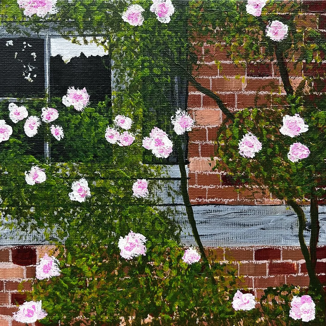 Modern 6x6 acrylic canvas painting featuring a contemporary terracotta brick wall, a large window, and vibrant green flower vines climbing the masonry.