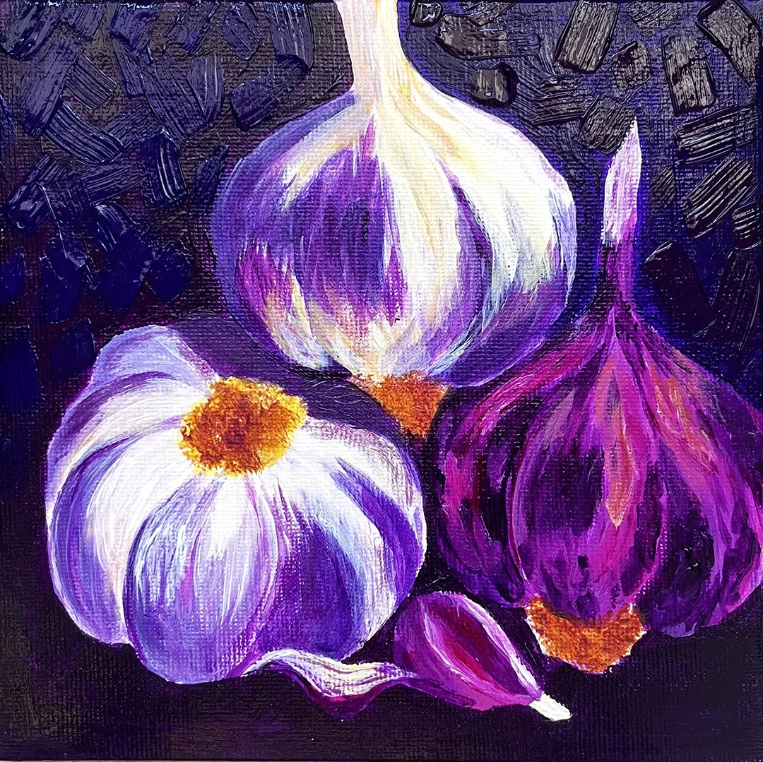 A 6x6 inches original acrylic painting of three whole garlic bulbs on a deep purple background. Two bulbs are bright white and one is a distinct violet purple, creating a high-contrast kitchen still life on canvas.